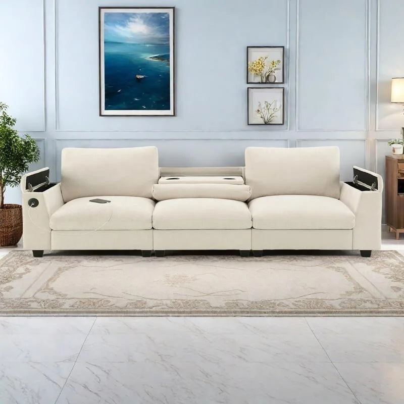 96" Chenille Smart Sectional Sofa with Bluetooth Speaker, USB Charger & Drop-Down Table - 3-Seater Cloud Couch