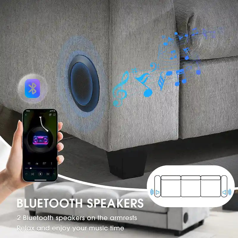 96" Chenille Smart Sectional Sofa with Bluetooth Speaker, USB Charger & Drop-Down Table - 3-Seater Cloud Couch