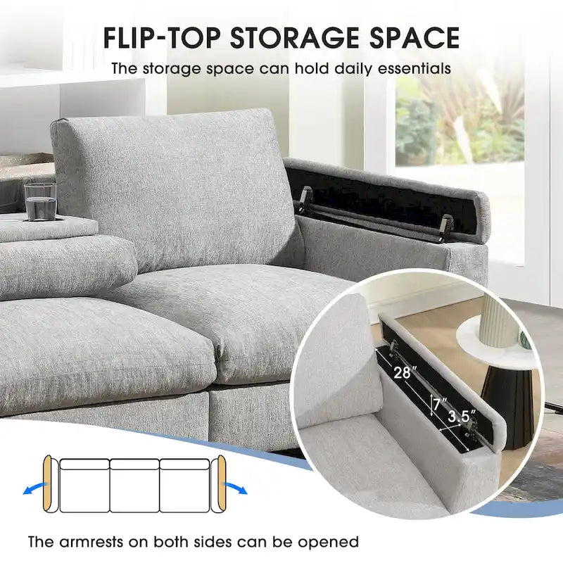 96" Chenille Smart Sectional Sofa with Bluetooth Speaker, USB Charger & Drop-Down Table - 3-Seater Cloud Couch