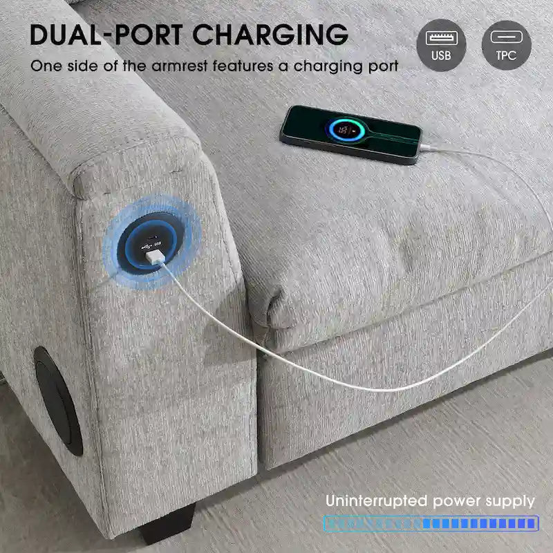 96" Chenille Smart Sectional Sofa with Bluetooth Speaker, USB Charger & Drop-Down Table - 3-Seater Cloud Couch