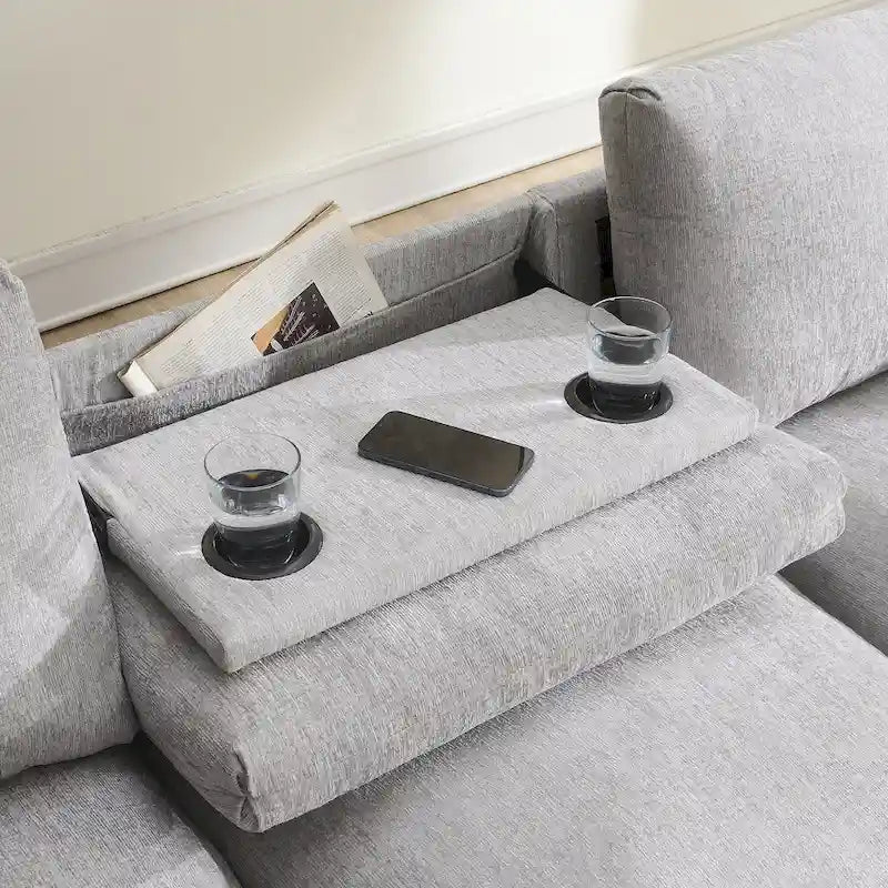 96" Chenille Smart Sectional Sofa with Bluetooth Speaker, USB Charger & Drop-Down Table - 3-Seater Cloud Couch