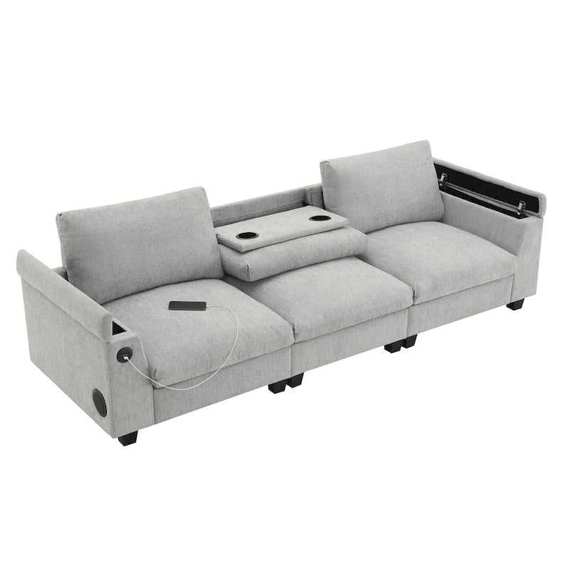 96" Chenille Smart Sectional Sofa with Bluetooth Speaker, USB Charger & Drop-Down Table - 3-Seater Cloud Couch