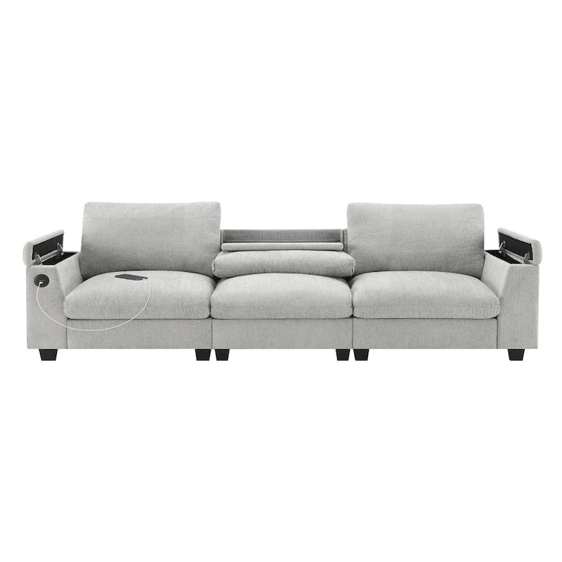 96" Chenille Smart Sectional Sofa with Bluetooth Speaker, USB Charger & Drop-Down Table - 3-Seater Cloud Couch