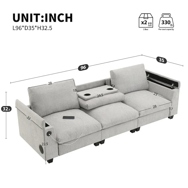 96" Chenille Smart Sectional Sofa with Bluetooth Speaker, USB Charger & Drop-Down Table - 3-Seater Cloud Couch