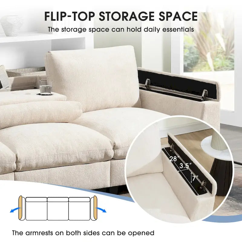 96" Chenille Smart Sectional Sofa with Bluetooth Speaker, USB Charger & Drop-Down Table - 3-Seater Cloud Couch