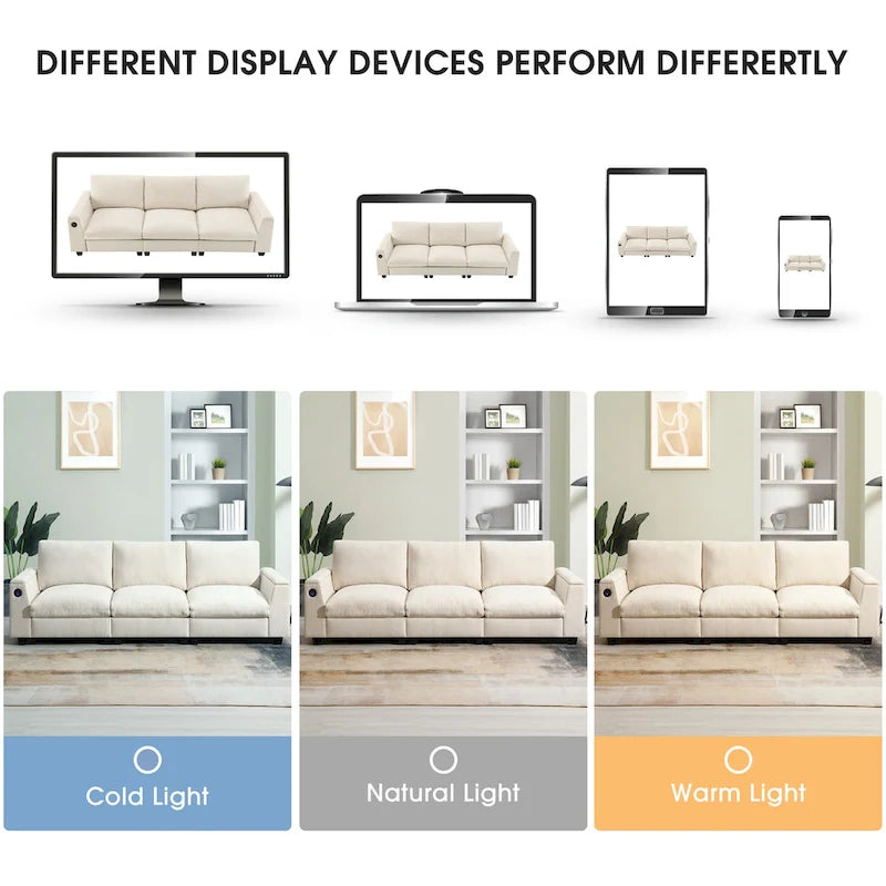 96" Chenille Smart Sectional Sofa with Bluetooth Speaker, USB Charger & Drop-Down Table - 3-Seater Cloud Couch