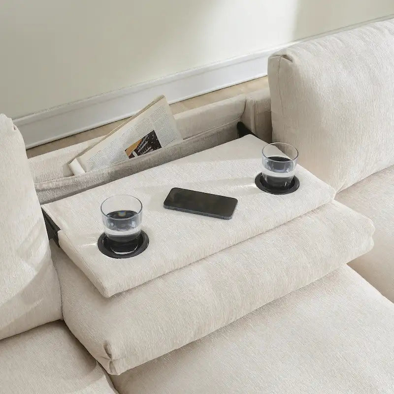 96" Chenille Smart Sectional Sofa with Bluetooth Speaker, USB Charger & Drop-Down Table - 3-Seater Cloud Couch