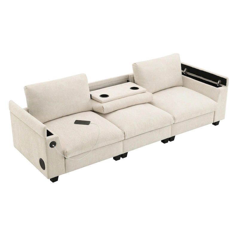 96" Chenille Smart Sectional Sofa with Bluetooth Speaker, USB Charger & Drop-Down Table - 3-Seater Cloud Couch