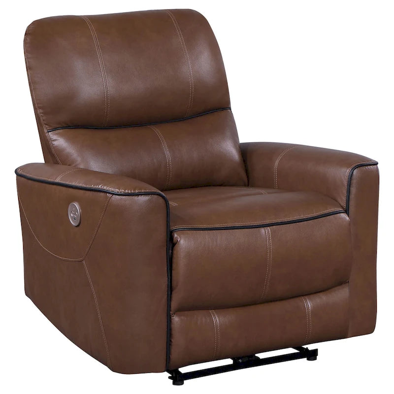 Power Recliner Chair with USB Port - Saddle Brown Faux Leather, Foam Cushions, Plywood & Metal Frame