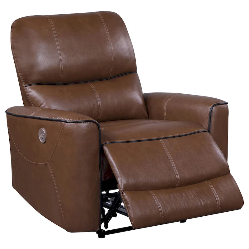 Power Recliner Chair with USB Port - Saddle Brown Faux Leather, Foam Cushions, Plywood & Metal Frame