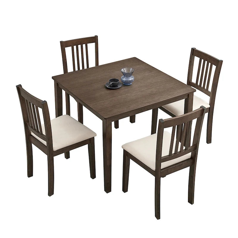 Mid-Century Modern 5-Piece Breakfast Nook Dining Set - Square Wooden Table & 4 Upholstered Chairs, Space-Saving