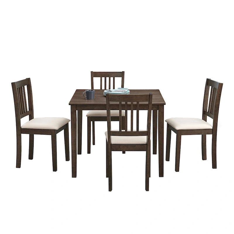 Mid-Century Modern 5-Piece Breakfast Nook Dining Set - Square Wooden Table & 4 Upholstered Chairs, Space-Saving