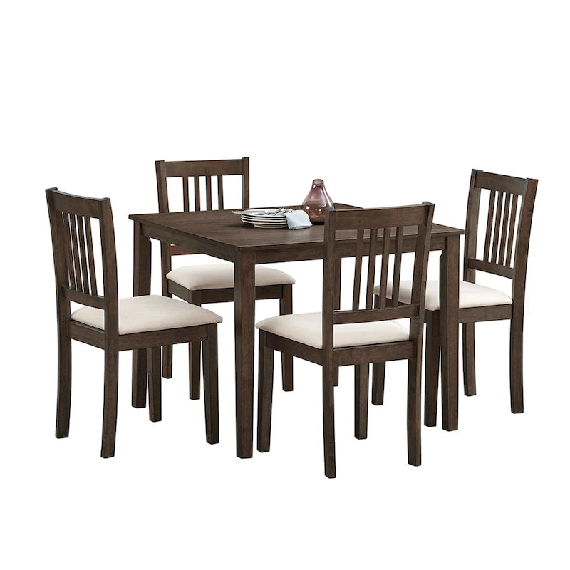 Mid-Century Modern 5-Piece Breakfast Nook Dining Set - Square Wooden Table & 4 Upholstered Chairs, Space-Saving