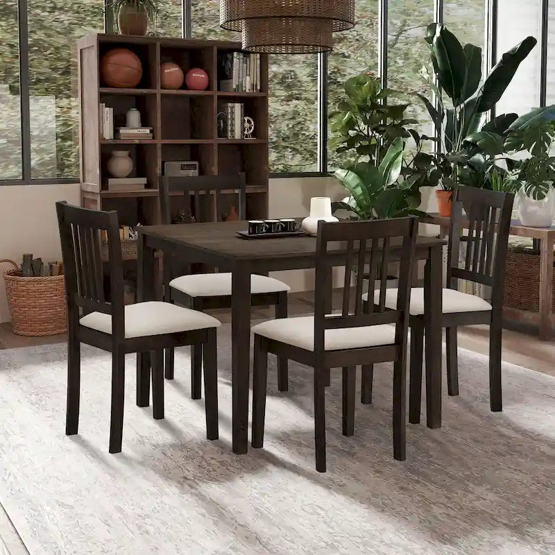 Mid-Century Modern 5-Piece Breakfast Nook Dining Set - Square Wooden Table & 4 Upholstered Chairs, Space-Saving