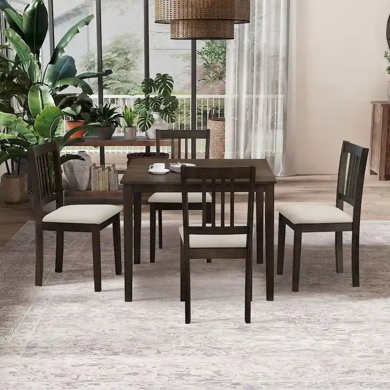 Mid-Century Modern 5-Piece Breakfast Nook Dining Set - Square Wooden Table & 4 Upholstered Chairs, Space-Saving