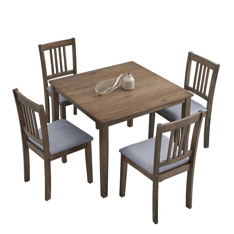Mid-Century Modern 5-Piece Breakfast Nook Dining Set - Square Wooden Table & 4 Upholstered Chairs, Space-Saving