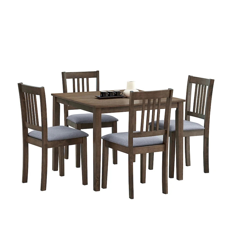 Mid-Century Modern 5-Piece Breakfast Nook Dining Set - Square Wooden Table & 4 Upholstered Chairs, Space-Saving