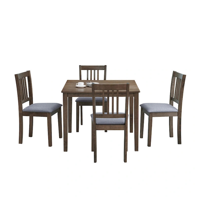 Mid-Century Modern 5-Piece Breakfast Nook Dining Set - Square Wooden Table & 4 Upholstered Chairs, Space-Saving