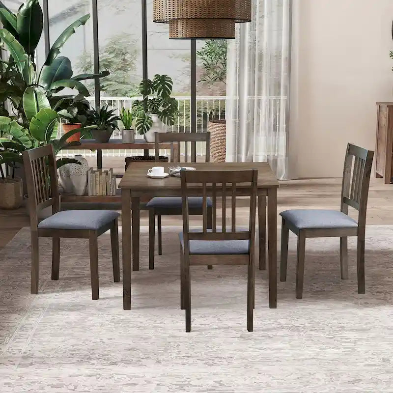 Mid-Century Modern 5-Piece Breakfast Nook Dining Set - Square Wooden Table & 4 Upholstered Chairs, Space-Saving