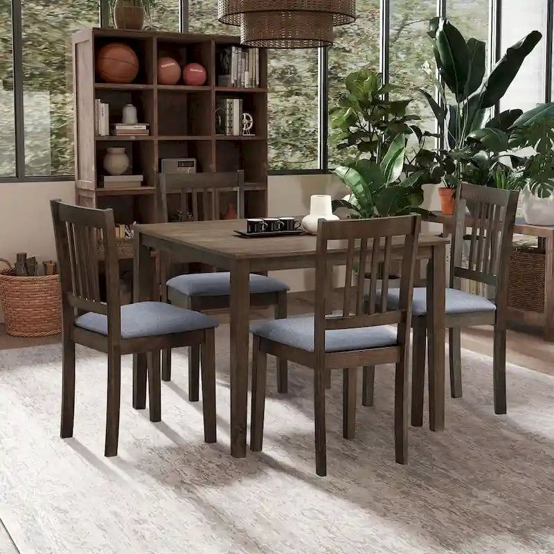 Mid-Century Modern 5-Piece Breakfast Nook Dining Set - Square Wooden Table & 4 Upholstered Chairs, Space-Saving