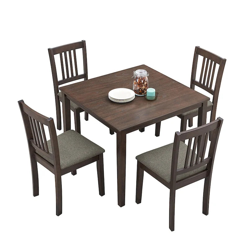 Mid-Century Modern 5-Piece Breakfast Nook Dining Set - Square Wooden Table & 4 Upholstered Chairs, Space-Saving
