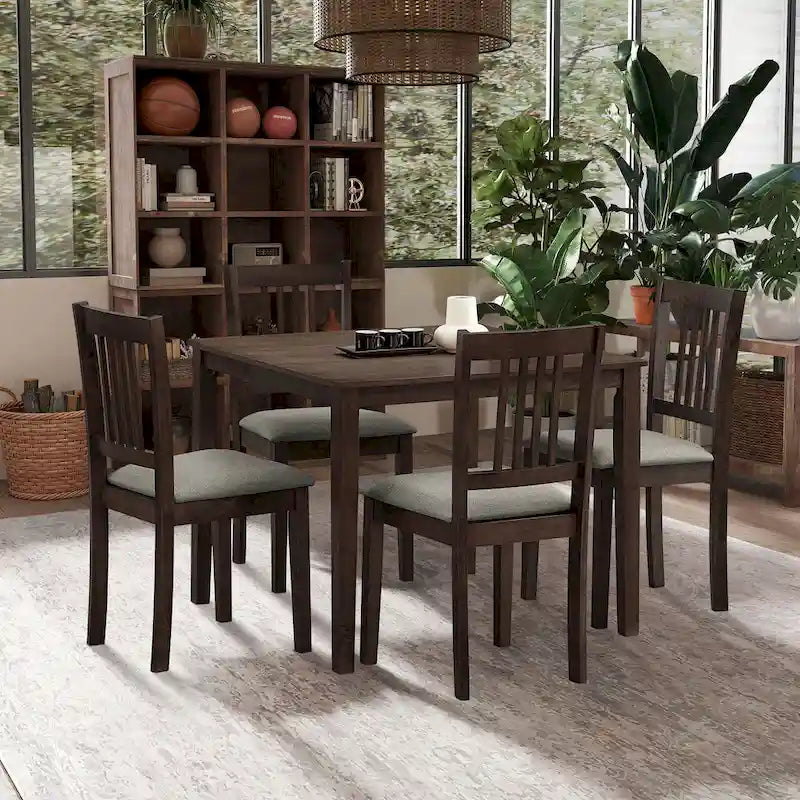 Mid-Century Modern 5-Piece Breakfast Nook Dining Set - Square Wooden Table & 4 Upholstered Chairs, Space-Saving