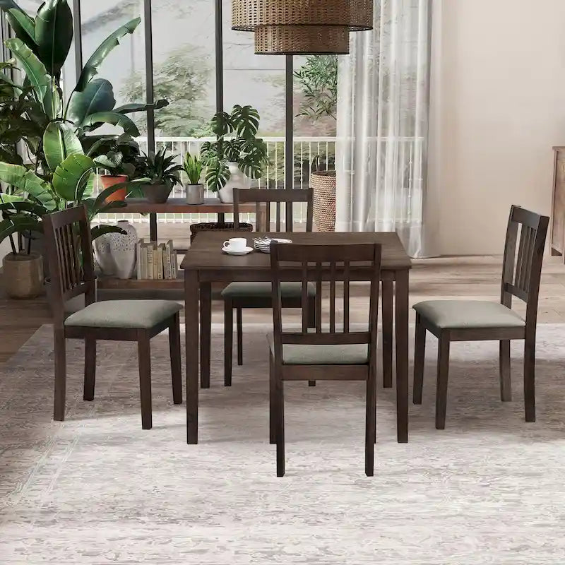 Mid-Century Modern 5-Piece Breakfast Nook Dining Set - Square Wooden Table & 4 Upholstered Chairs, Space-Saving