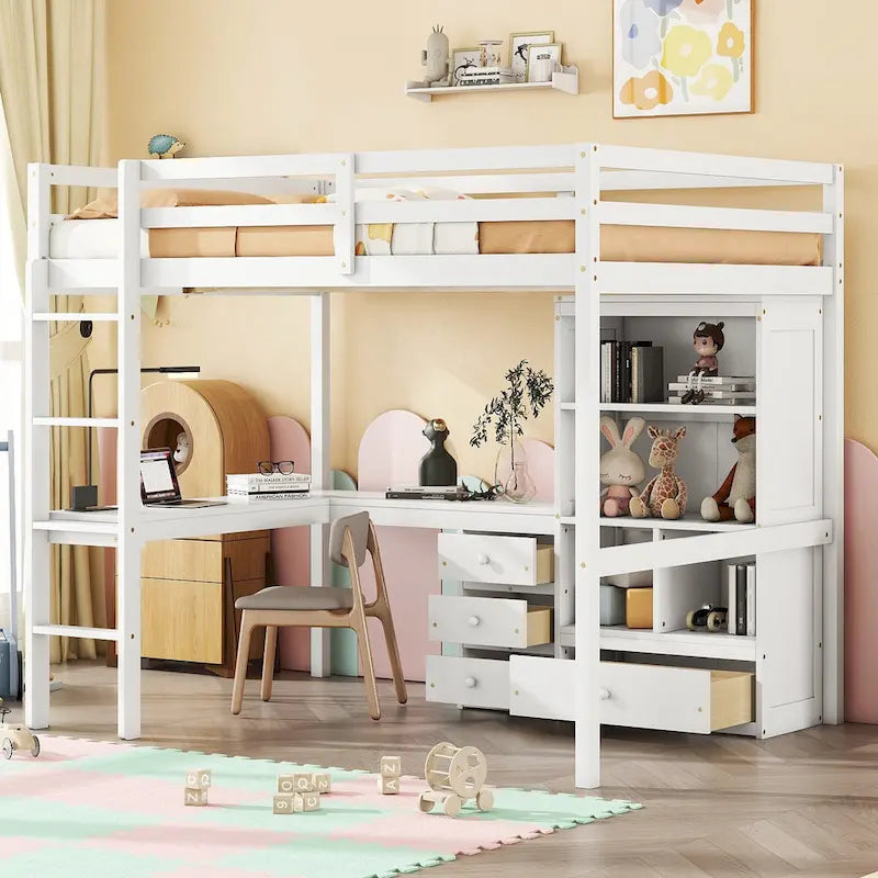 Full Size Wood Loft Bed - L-Shaped Desk, Storage Shelves & 4 Drawers, Pine Wood, Study & Sleep Combo, Space-Saving Design