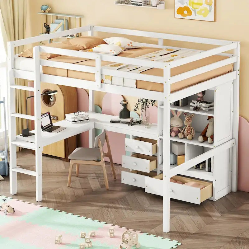 Full Size Wood Loft Bed - L-Shaped Desk, Storage Shelves & 4 Drawers, Pine Wood, Study & Sleep Combo, Space-Saving Design