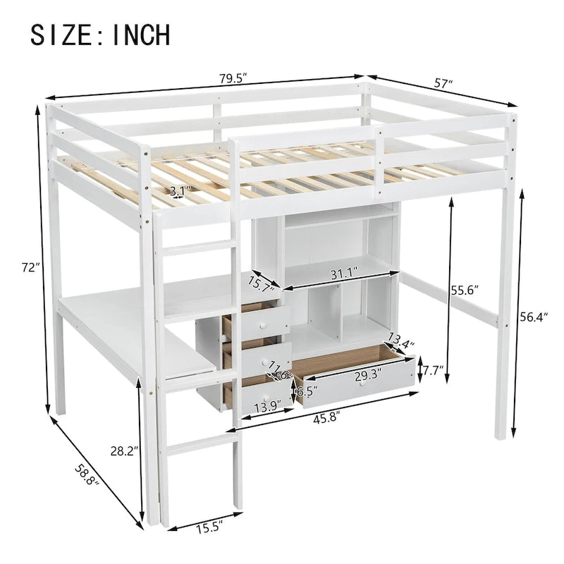 Full Size Wood Loft Bed - L-Shaped Desk, Storage Shelves & 4 Drawers, Pine Wood, Study & Sleep Combo, Space-Saving Design