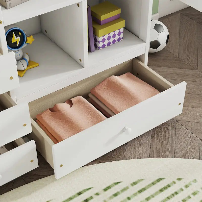 Full Size Wood Loft Bed - L-Shaped Desk, Storage Shelves & 4 Drawers, Pine Wood, Study & Sleep Combo, Space-Saving Design