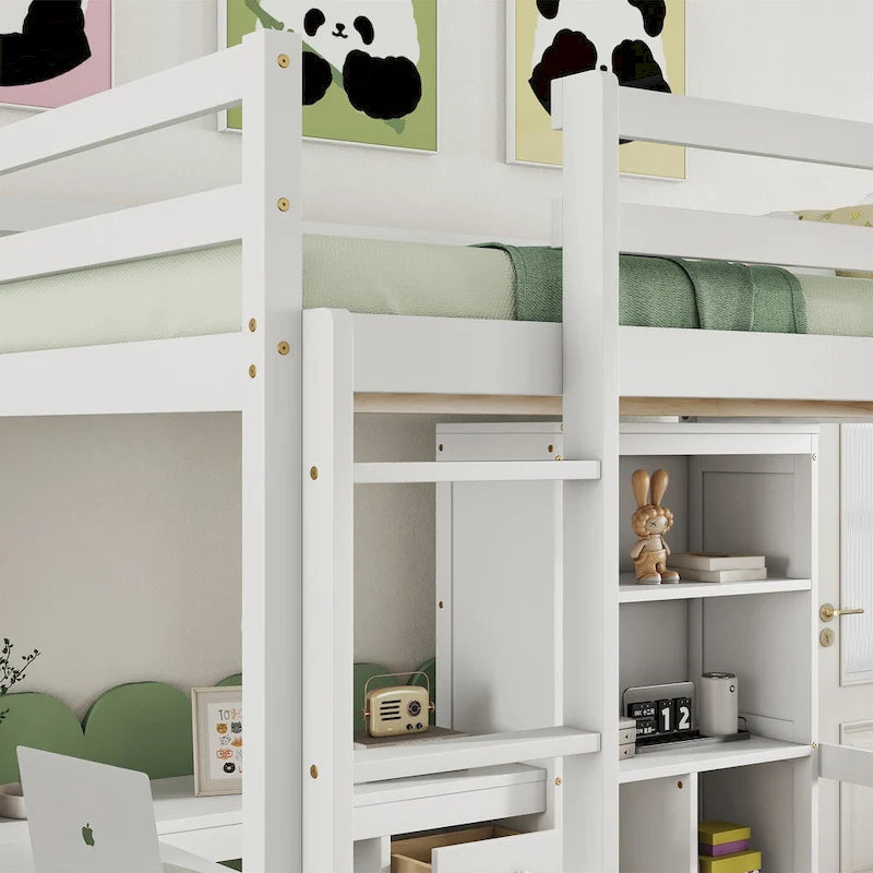 Full Size Wood Loft Bed - L-Shaped Desk, Storage Shelves & 4 Drawers, Pine Wood, Study & Sleep Combo, Space-Saving Design