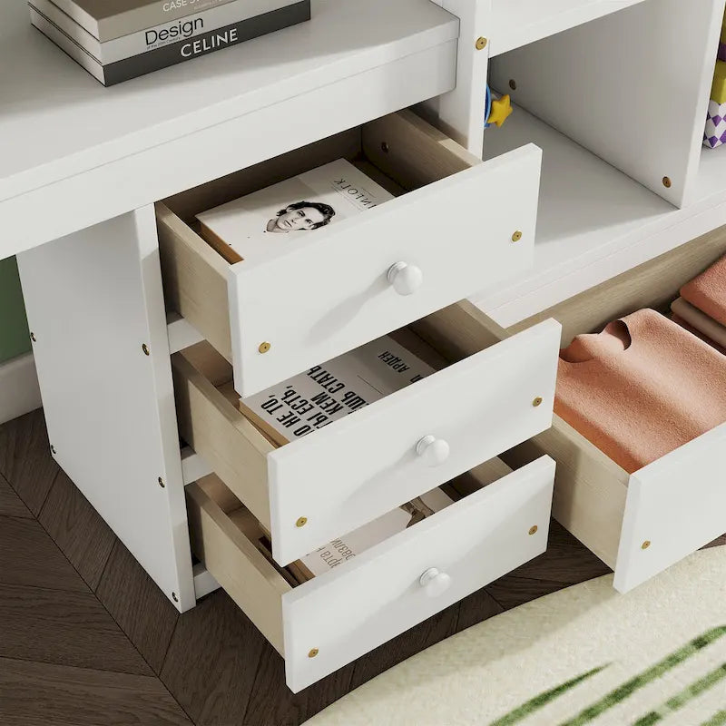 Full Size Wood Loft Bed - L-Shaped Desk, Storage Shelves & 4 Drawers, Pine Wood, Study & Sleep Combo, Space-Saving Design