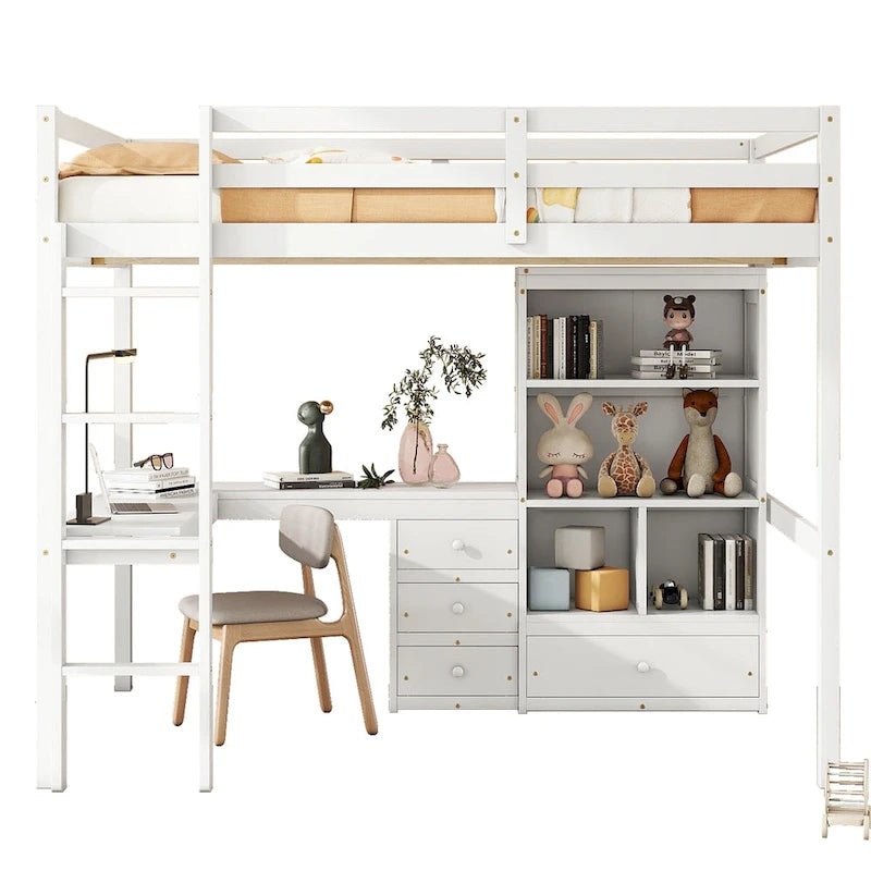 Full Size Wood Loft Bed - L-Shaped Desk, Storage Shelves & 4 Drawers, Pine Wood, Study & Sleep Combo, Space-Saving Design