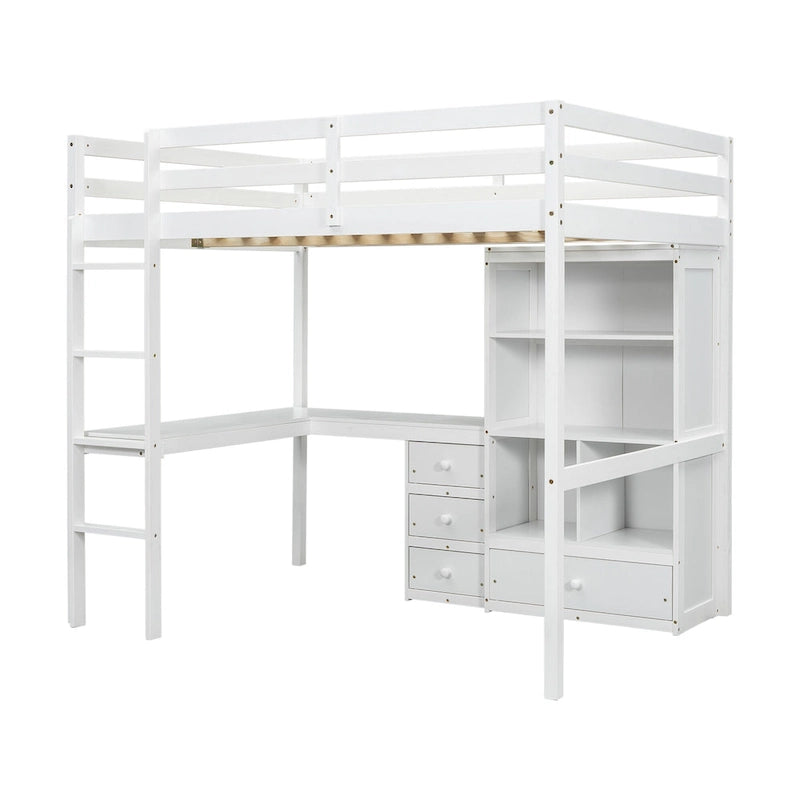 Full Size Wood Loft Bed - L-Shaped Desk, Storage Shelves & 4 Drawers, Pine Wood, Study & Sleep Combo, Space-Saving Design