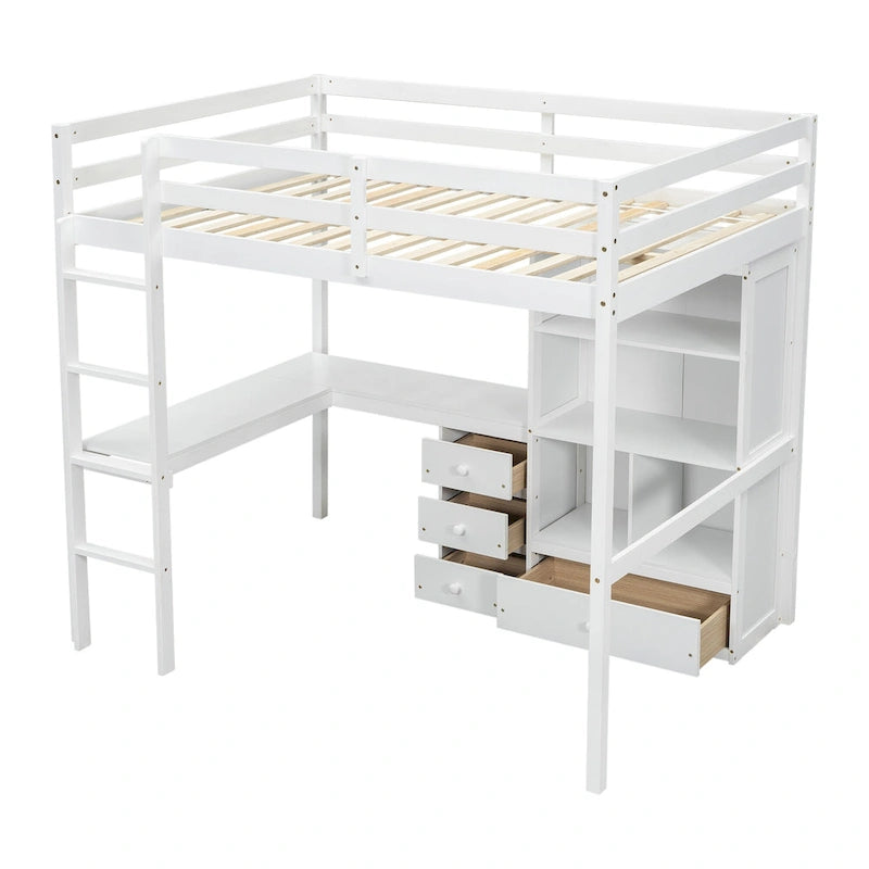 Full Size Wood Loft Bed - L-Shaped Desk, Storage Shelves & 4 Drawers, Pine Wood, Study & Sleep Combo, Space-Saving Design