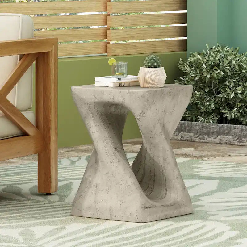 Twist Spiral Side Table - MGO Wood-Like Texture, 12x12x16", 200lb Capacity, Weather Resistant, Indoor/Outdoor Accent