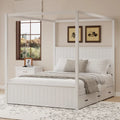 Queen Size 4-Post Canopy Bed with Trundle & 3 Storage Drawers - Solid Pine Wood Platform, Wingback Headboard, 650 lbs Capacity - White or Natural