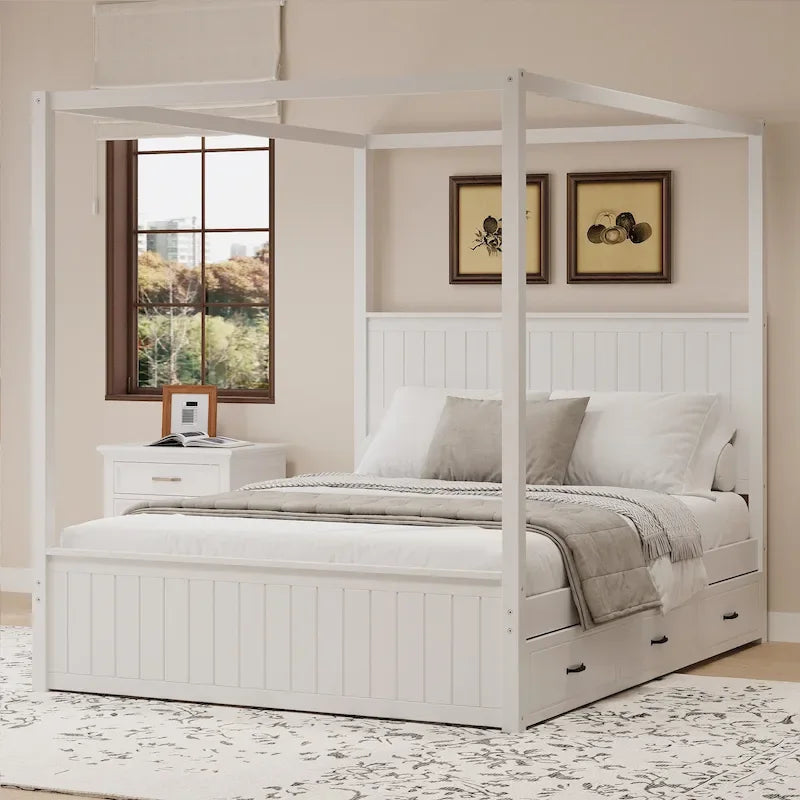 Queen Size 4-Post Canopy Bed with Trundle & 3 Storage Drawers - Solid Pine Wood Platform, Wingback Headboard, 650 lbs Capacity - White or Natural