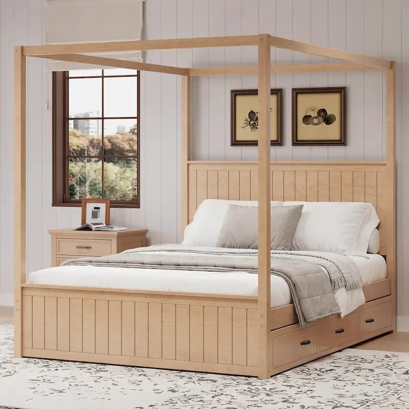 Queen Size Platform Canopy Bed with Trundle Bed and 3 Drawers Storage Bed, 4-post Solid Wood Bed Frame with Wingback Headboard