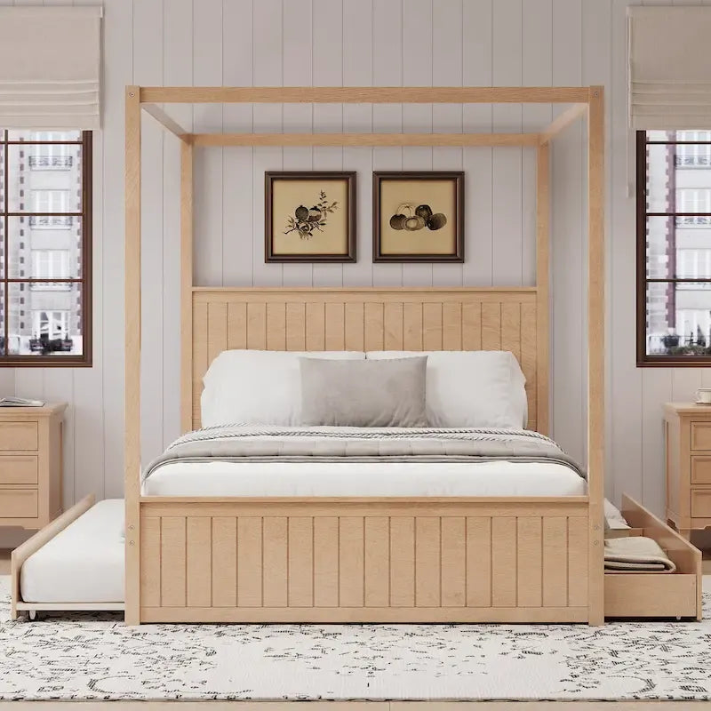 Queen Size 4-Post Canopy Bed with Trundle & 3 Storage Drawers - Solid Pine Wood Platform, Wingback Headboard, 650 lbs Capacity - White or Natural