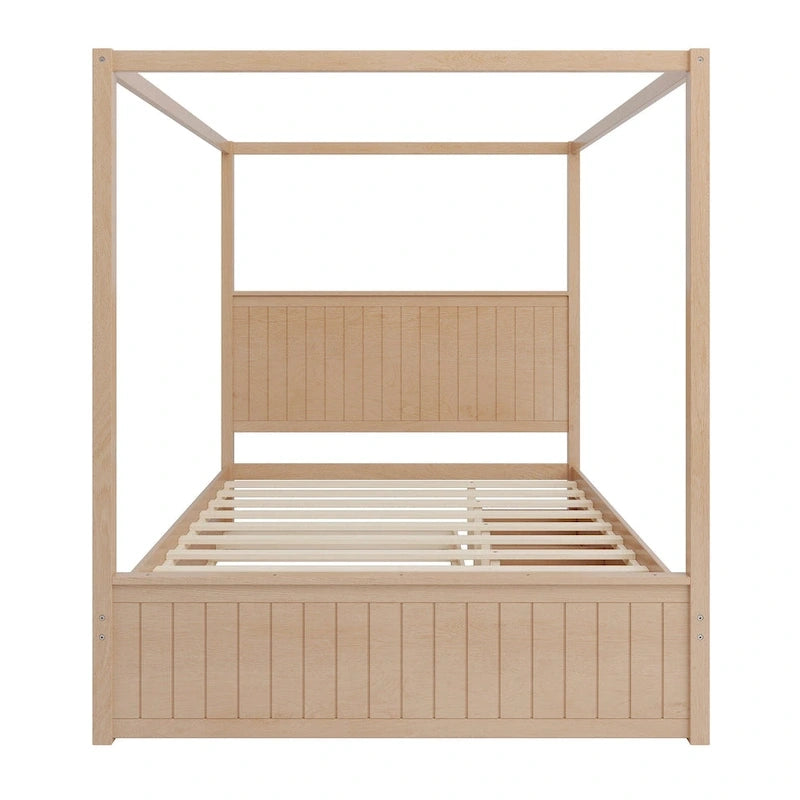 Queen Size 4-Post Canopy Bed with Trundle & 3 Storage Drawers - Solid Pine Wood Platform, Wingback Headboard, 650 lbs Capacity - White or Natural