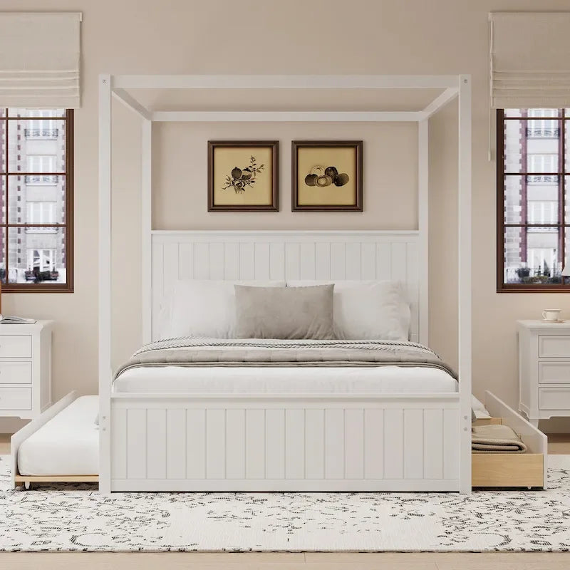 Queen Size 4-Post Canopy Bed with Trundle & 3 Storage Drawers - Solid Pine Wood Platform, Wingback Headboard, 650 lbs Capacity - White or Natural