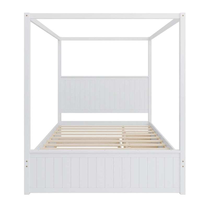 Queen Size 4-Post Canopy Bed with Trundle & 3 Storage Drawers - Solid Pine Wood Platform, Wingback Headboard, 650 lbs Capacity - White or Natural