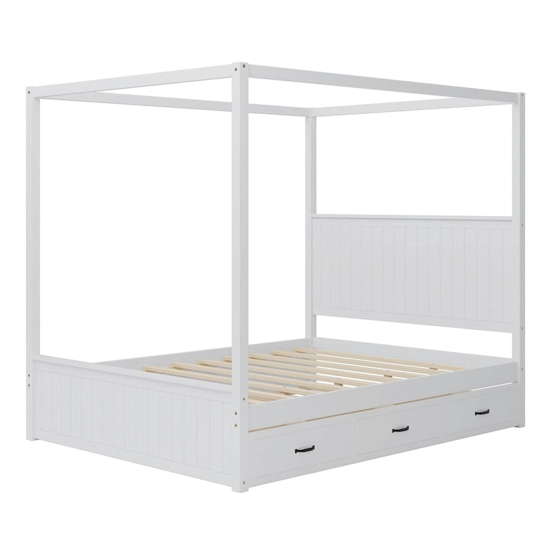 Queen Size 4-Post Canopy Bed with Trundle & 3 Storage Drawers - Solid Pine Wood Platform, Wingback Headboard, 650 lbs Capacity - White or Natural