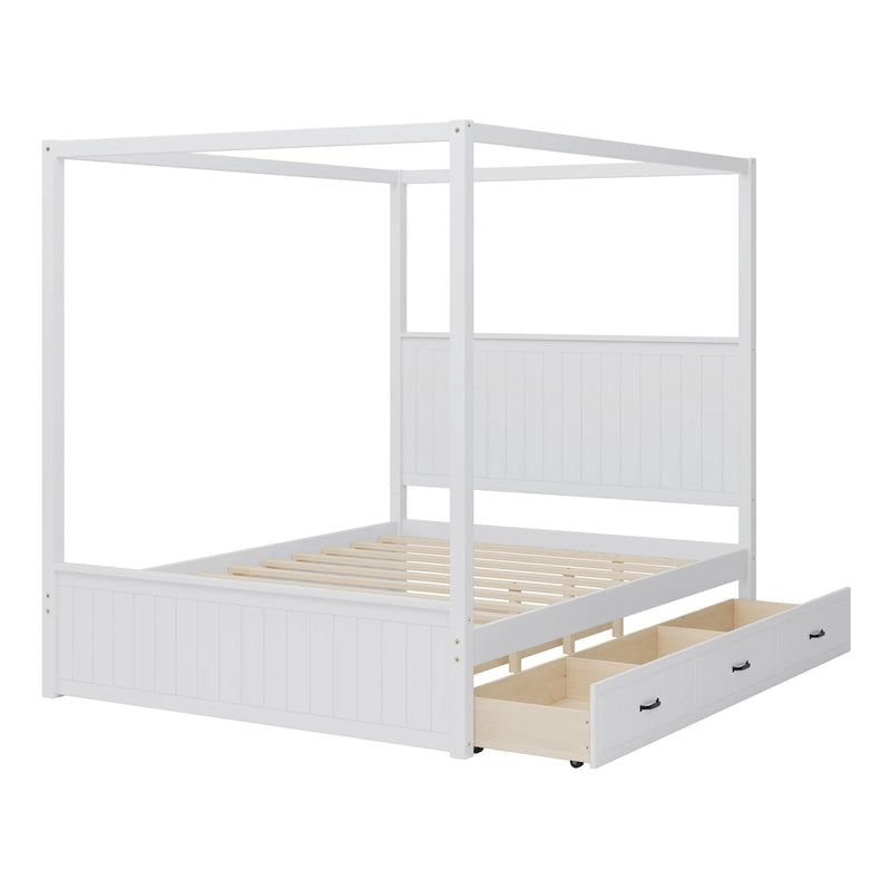 Queen Size 4-Post Canopy Bed with Trundle & 3 Storage Drawers - Solid Pine Wood Platform, Wingback Headboard, 650 lbs Capacity - White or Natural