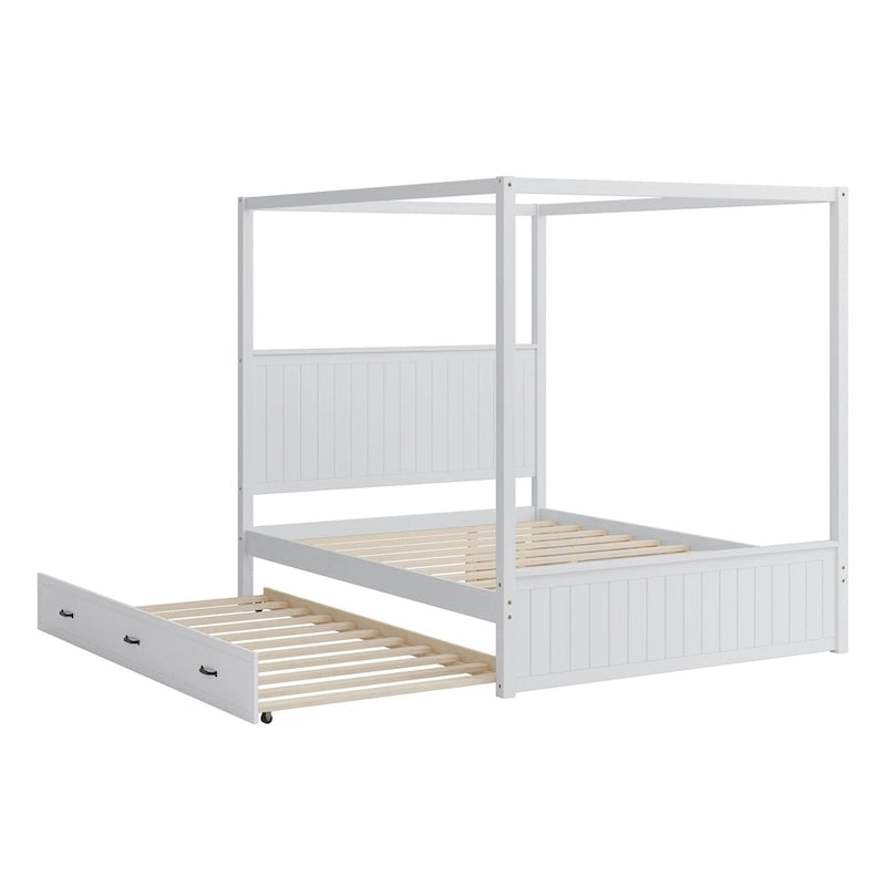 Queen Size 4-Post Canopy Bed with Trundle & 3 Storage Drawers - Solid Pine Wood Platform, Wingback Headboard, 650 lbs Capacity - White or Natural