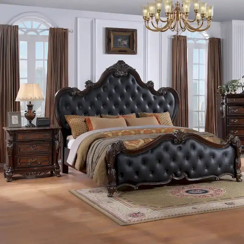 Traditional 3-Piece Solid Wood Bedroom Set - 1 Bed & 2 Nightstands, Button-Tufting, Nailhead Trim, Cedarwood Drawers
