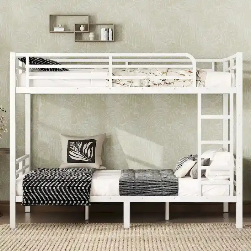Twin XL over Twin XL Metal Bunk Bed - 350/500lb Capacity, Noise-Free Design, 40 Slats, Guardrails, 9.8" Under-Bed Storage, White