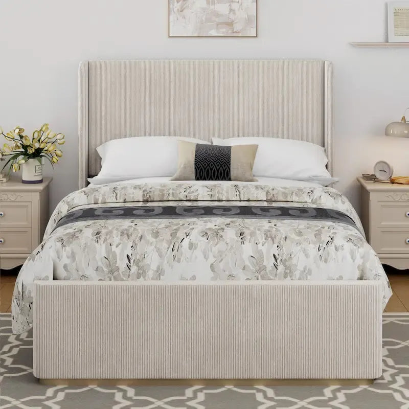 King Corduroy Upholstered Bed - 47" Wingback Headboard, Vertical Channel Tufting, 600lb Capacity, Metal/Wood Frame, No Box Spring